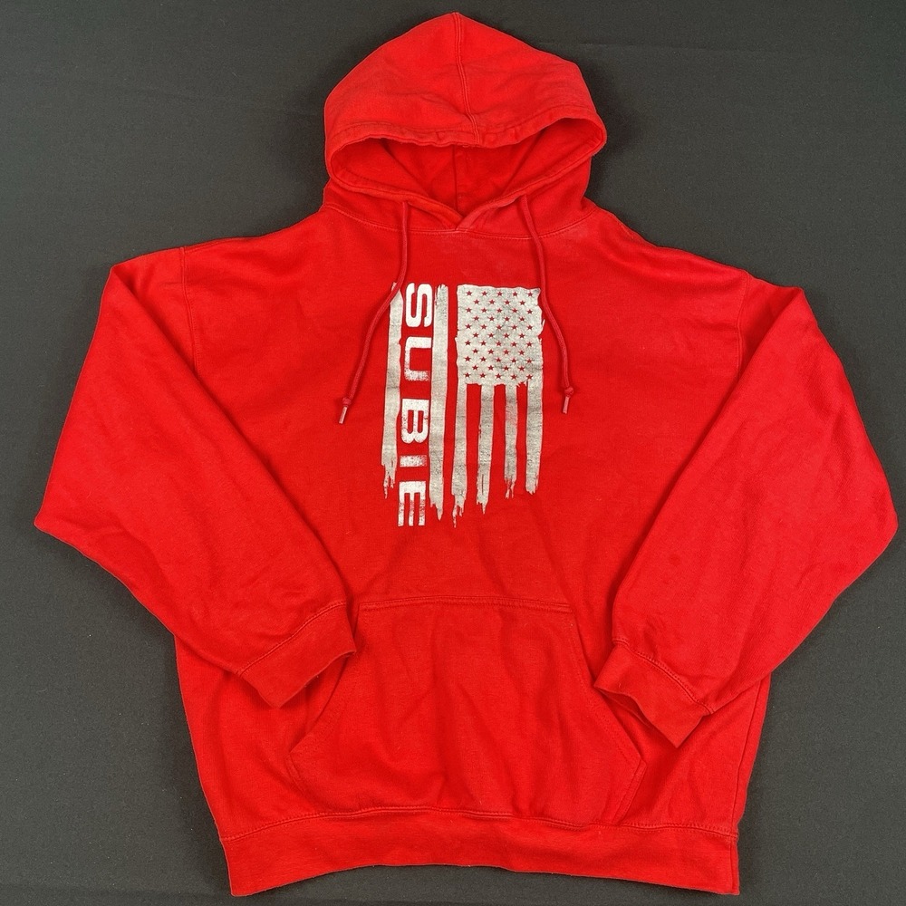 Subie Subaru Hoodie Men's L Red Pullover Sweatshirt Graphic Car Enthusiast Flag